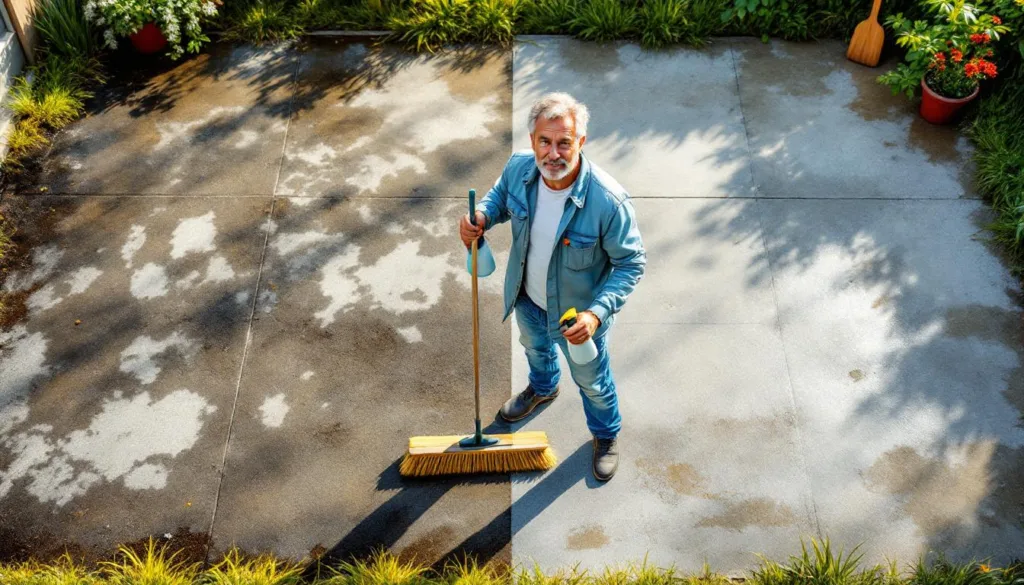 entdecken sie, wie ein einfacher besen-trick mit küchenreiniger ihre alte einfahrt wie neu erscheinen lässt – eine effektive alternative zum hochdruckreiniger.